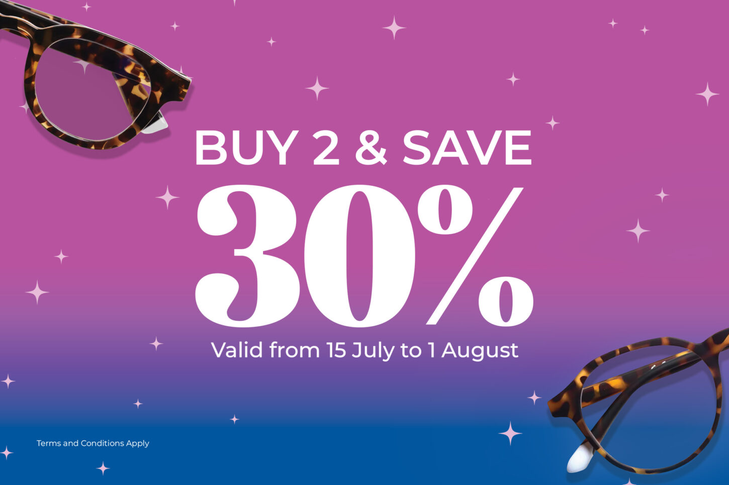 EyeCare Opticals July 2026 promotion featuring 30% off a second frame and FREE Ora sunglasses with selected ZEISS SmartLife lenses.