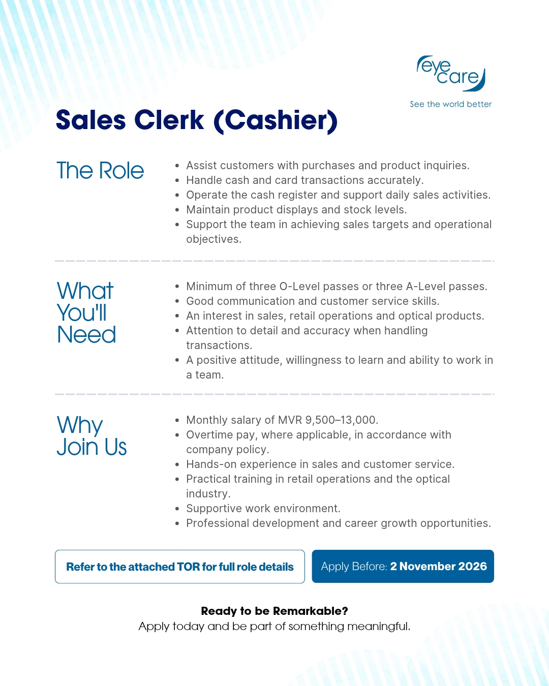 EyeCare Sales Clerk (Cashier) – The Role, What You’ll Need, Why Join Us