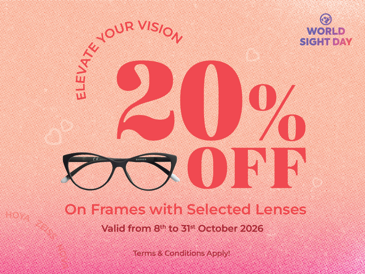 EyeCare Opticals special offer for World Sight Day: get 20% off frames with selected lenses from 8 to 31 October 2026. Terms and conditions apply