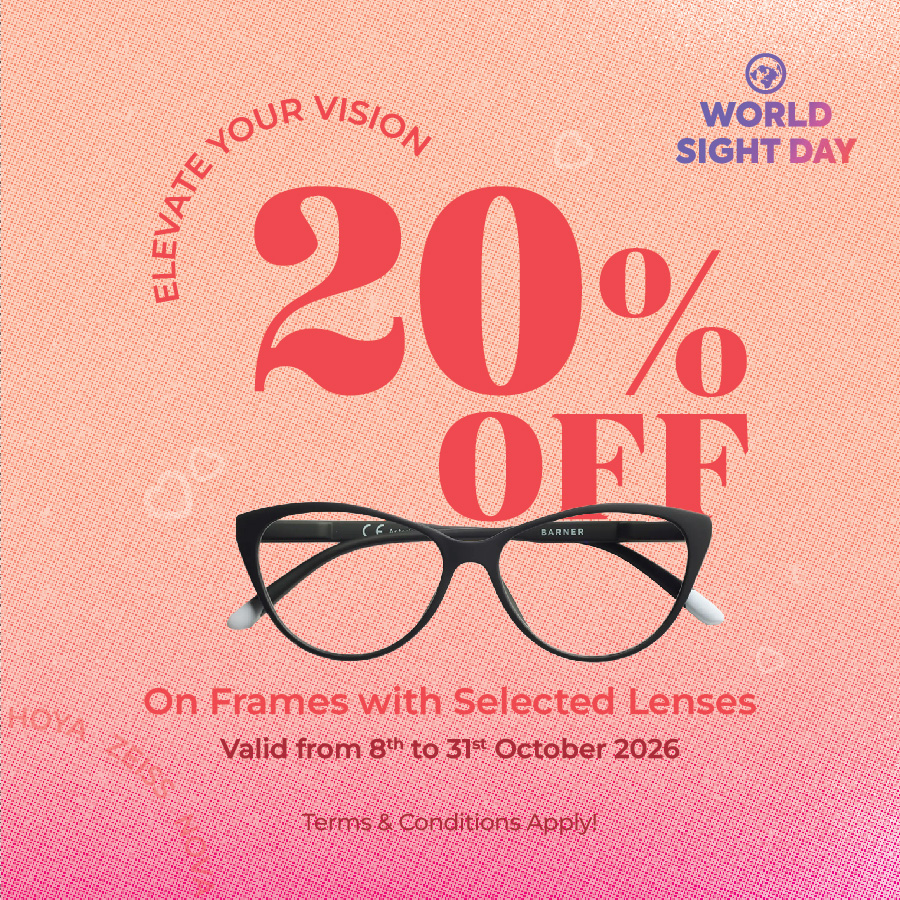 World Sight Day offer at EyeCare Opticals: 20% off frames with selected lenses, valid 8 to 31 October 2026. Black cat-eye glasses on a coral background. Terms and conditions apply